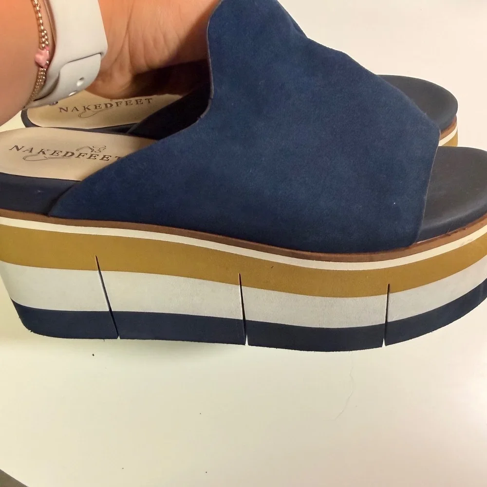Naked Feet Flow Platform Slide Women 7.5M Navy Blue Excellent Suede Striped Sole